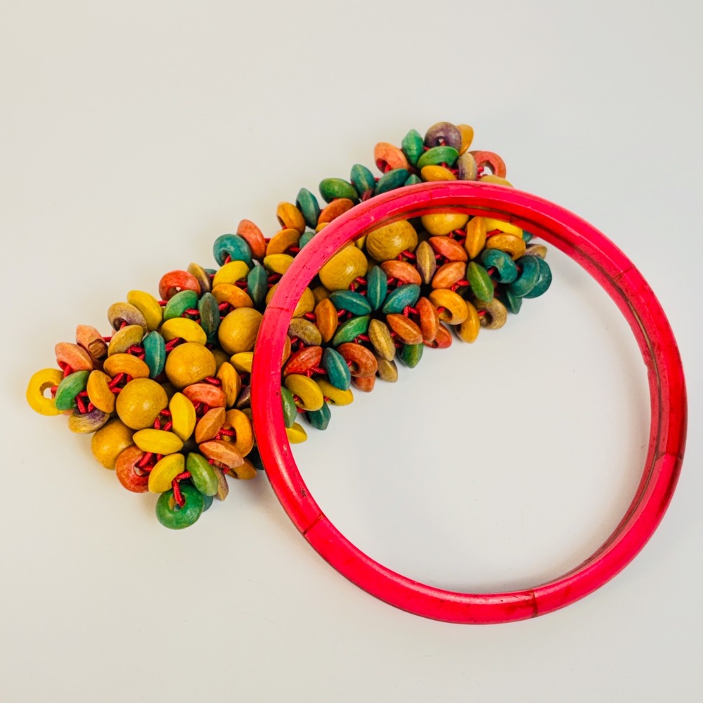 Vintage Bracelet Set Multicolor Wood Bead Stretch Pink Bangle Boho Statement